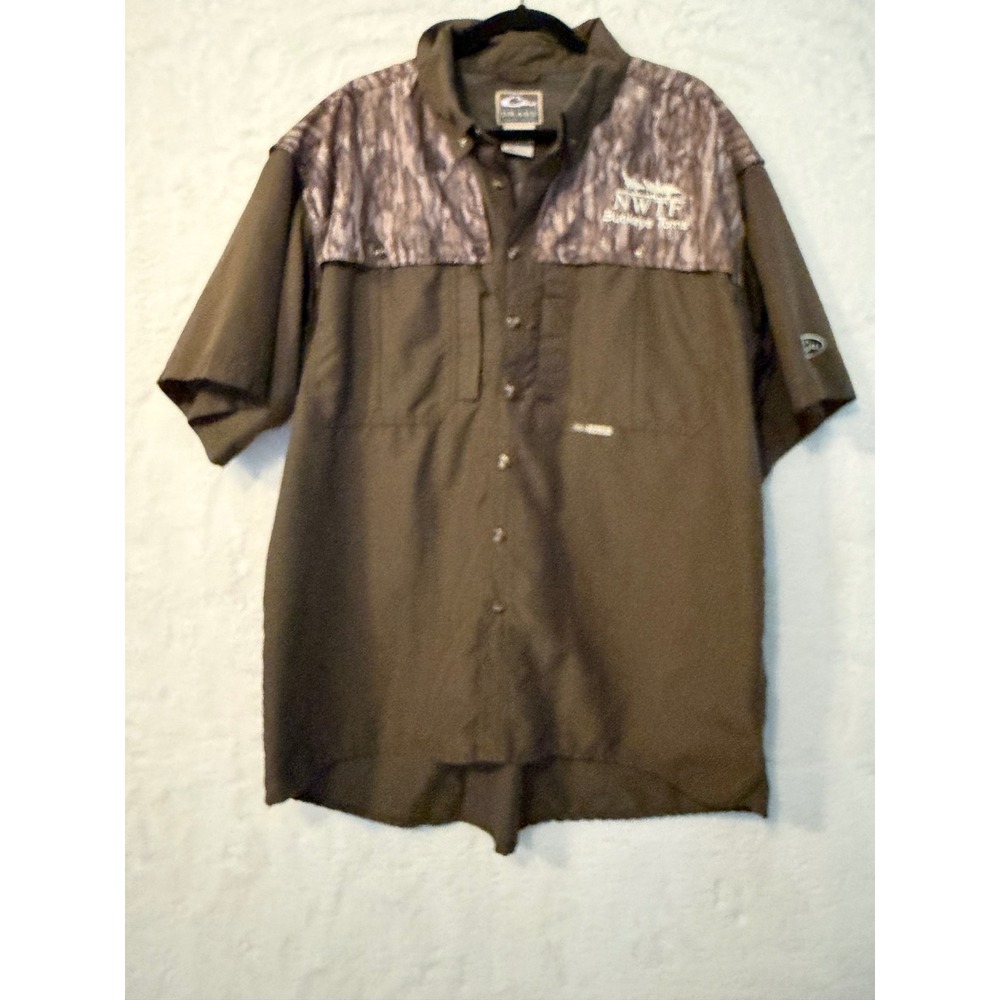 Drake Waterfowl Mens XL Fishing Shirt NWTF Mossy Oak Camo Short Sleeve Brown